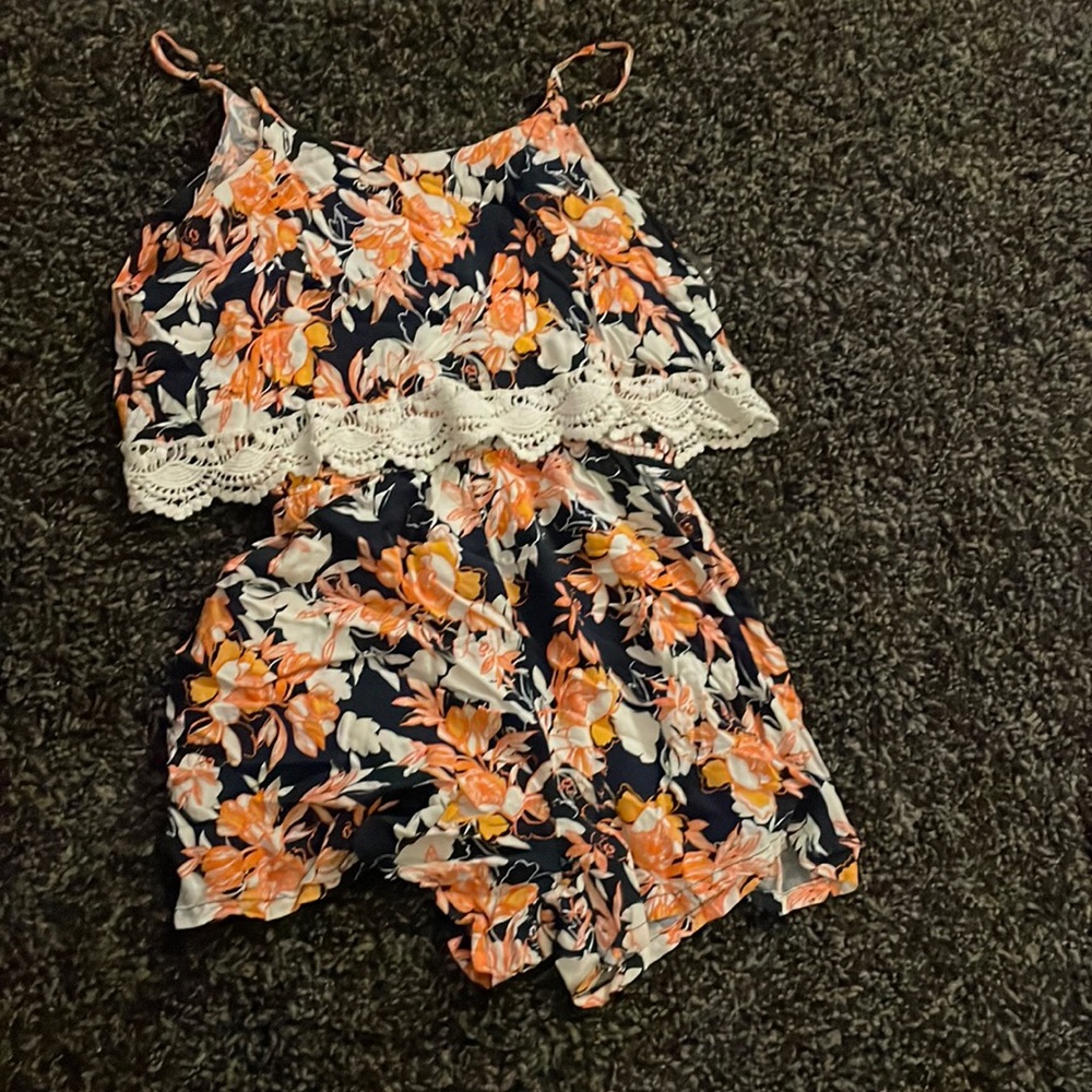 Charlotte Russe blue and orange floral romper, size L